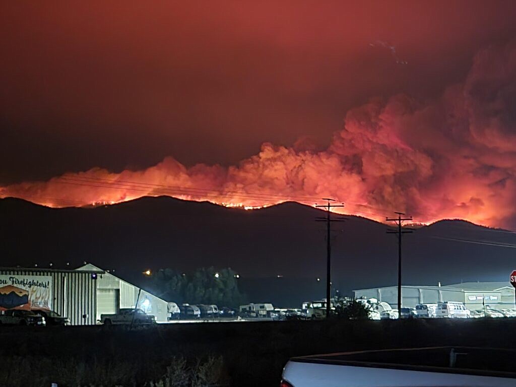 The Moose Fire crests the ridge west of Salmon on Sept. 7. The human-caused fire has burned more than 125,000 acres since starting July 17. (Courtesy of National Wildfire Coordinating Group Incident Information System)