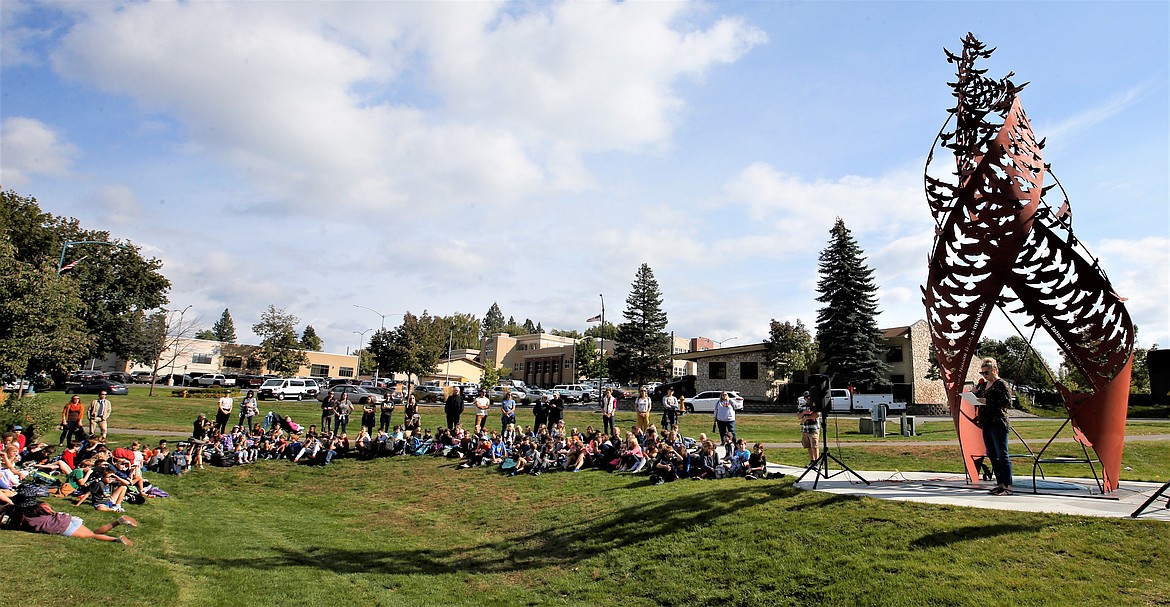 Arts Commission Vice Chair Jennifer Drake speaks during the dedication of the "Monument to Peace and Unity" on Friday in Coeur d'Alene.