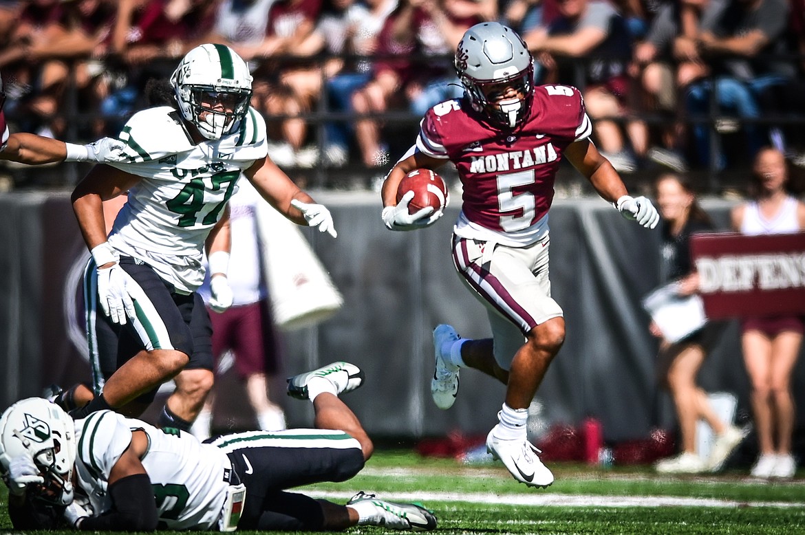Montana punt returner Junior Bergen (5) returns a punt 72 yards for a touchdown in the first quarter against Portland State at Washington-Grizzly Stadium on Saturday, Sept. 24. (Casey Kreider/Daily Inter Lake)