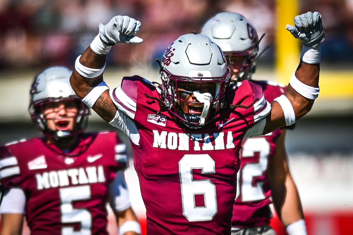 Montana cornerback Justin Ford (6) celebrates after a first-quarter tackle against Portland State at Washington-Grizzly Stadium on Saturday, Sept. 24. (Casey Kreider/Daily Inter Lake)