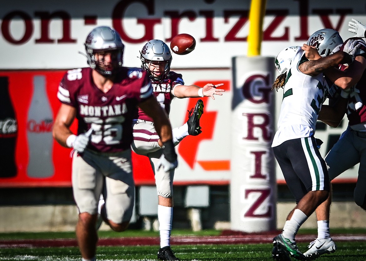 Montana punter Patrick Rohrbach (41) boots a 55-yard punt in the third quarter against Portland State at Washington-Grizzly Stadium on Saturday, Sept. 24. (Casey Kreider/Daily Inter Lake)