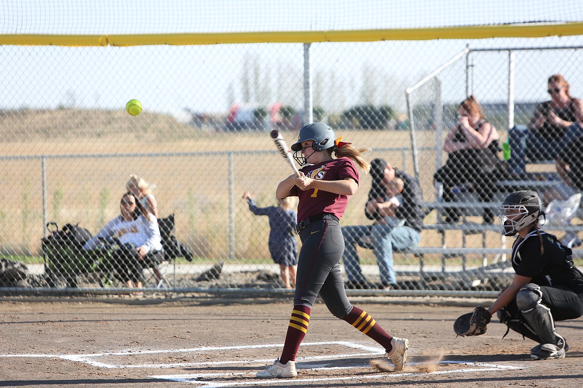 Moses Lake junior Morgan Ross records a hit during the Maverick’s 10-0 win over Hermiston.