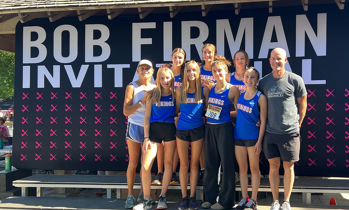 Courtesy photo
The Coeur d'Alene High girls cross country team finished third in the Division I Section 1 race at the Bob Firman Invitational on Saturday at Eagle Island State Park. Pictured, in no particular order, are coach Cathy Compton, Olivia May, Ann Marie Dance, Elliana Rietze, Olivia Fishback, Zara Munyer, Chloe Frank, Lana Fletcher and assistant coach Justin Taylor.