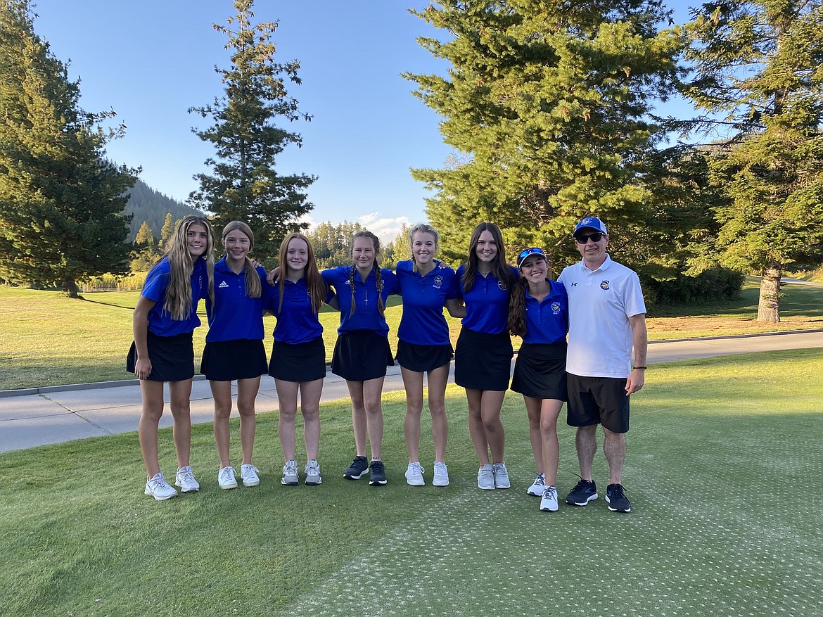 Courtesy photo
Coeur d'Alene's girls golf team placed second at the Sandpoint Invitational on Monday at The Idaho Club. From left are Sophia Vignale, Stella Deitz, Mady Rily, Addie Garcia, Taylor Potter, Peyton Blood, Hayden Crenshaw and coach Jeff Lake.