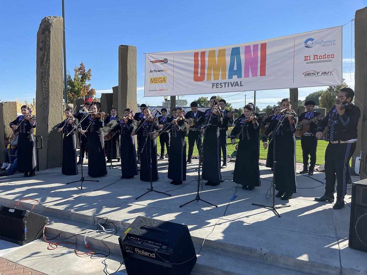 The music group Mariachi Huenachi, a group of high school students from Wenatchee who play traditional Mexican music, perform in Sinkiuse Square in downtown Moses Lake as part of the Umani Festival, a celebration of Hispanic heritage held last Saturday.