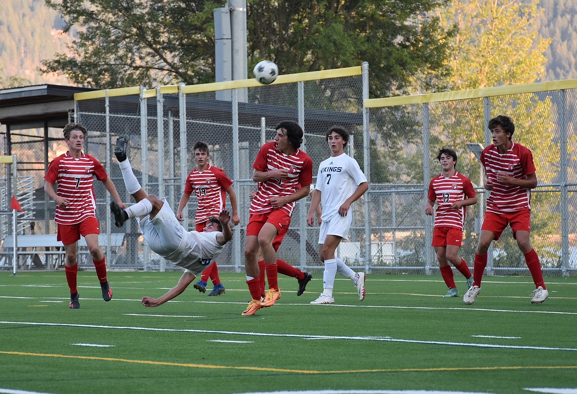 Photo courtesy of ANNE DICKINSON
Coeur d'Alene senior midfielder Cooper Prohaska (8) kicks the ball through the Sandpoint defense during a nonleague match at Memorial Field on Tuesday.