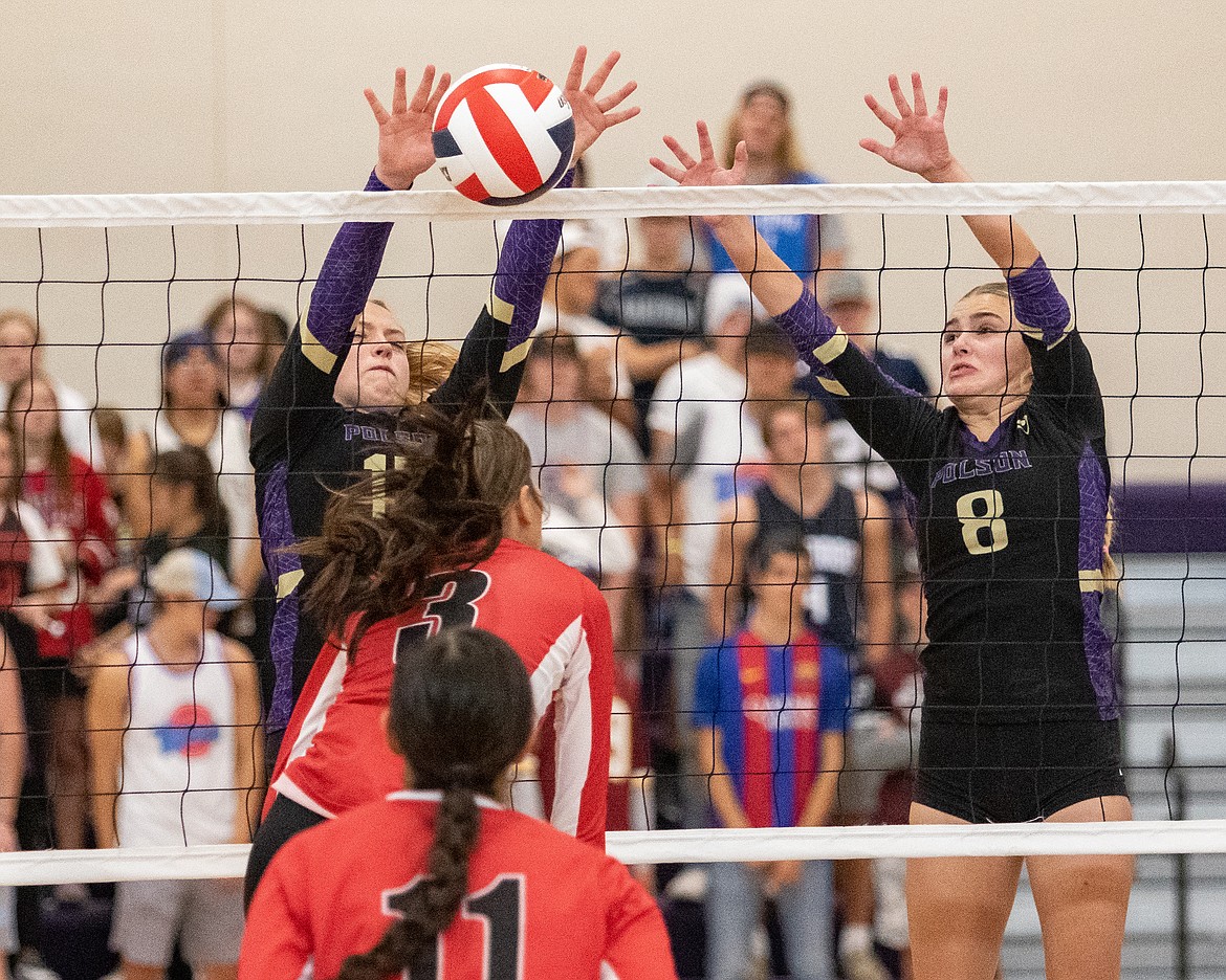 The Polson Lady Pirates battle at the net during their homecoming game against Browning on Saturday afternoon. (Rob Zolman/Lake County Leader)