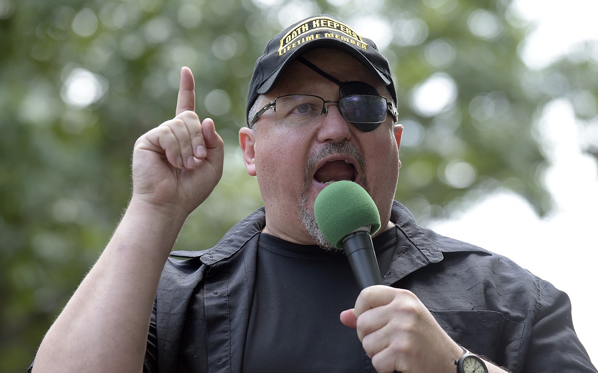 Stewart Rhodes, founder of the Oath Keepers, speaks during a rally outside the White House in Washington, June 25, 2017. (AP Photo/Susan Walsh, File)