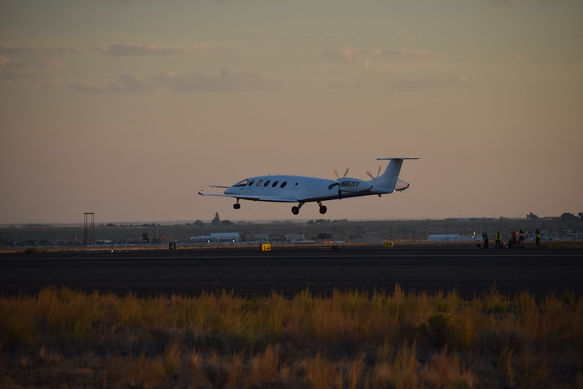 The Alice aircraft comes in for a landing after its first flight Tuesday morning.