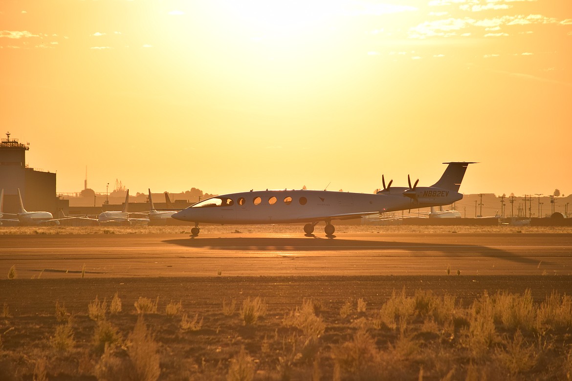 The battery-powered, all-electric Eviation Alice taxis down the main runway of the Grant County International Airport on Tuesday following its very first test flight, which lasted eight minutes.