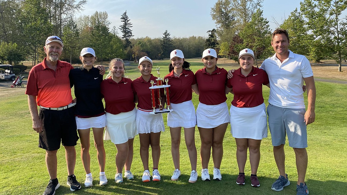 Courtesy photo
The North Idaho College women's golf team won the Skagit Valley NWAC league tournament Tuesday in Burlington, Wash. From left are assistant coach Russ Grove, Navy Wood, Cassandra Lee, Laila Jalil, Lauryn Bulger, Bella Gopwani, Sofia Lippiello and head coach Russell Grove.