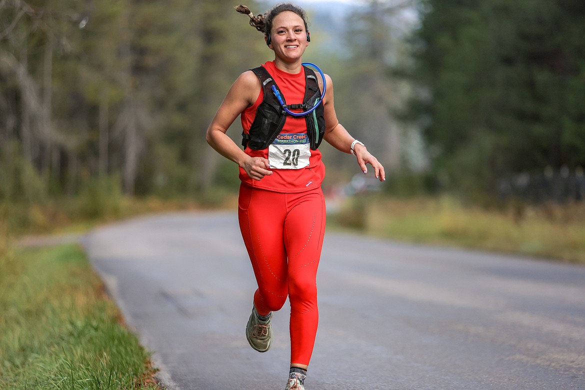 Jade Thomas of Columbia Falls competes in the Cedar Creek Marathon on Saturday. (JP Edge photo)