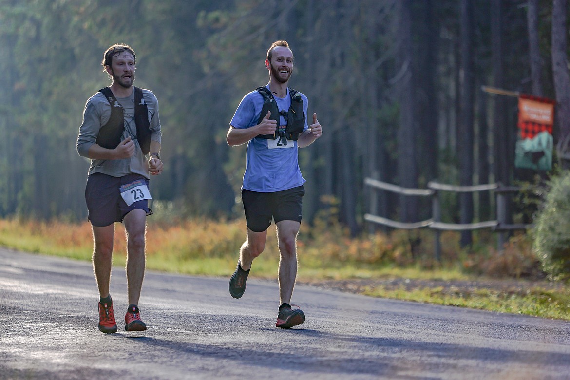 Aaron Bolton and Chad Sokol of Columbia Falls compete in the Cedar Creek Marathon on Sept. 24. (JP Edge photo)