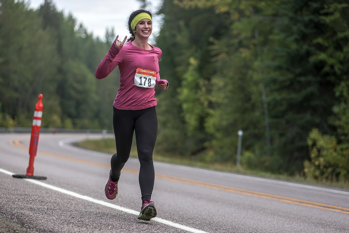 Kirsten Svennungsen of West Glacier competes in the Cedar Creek Half Marathon on Saturday. (JP Edge photo)