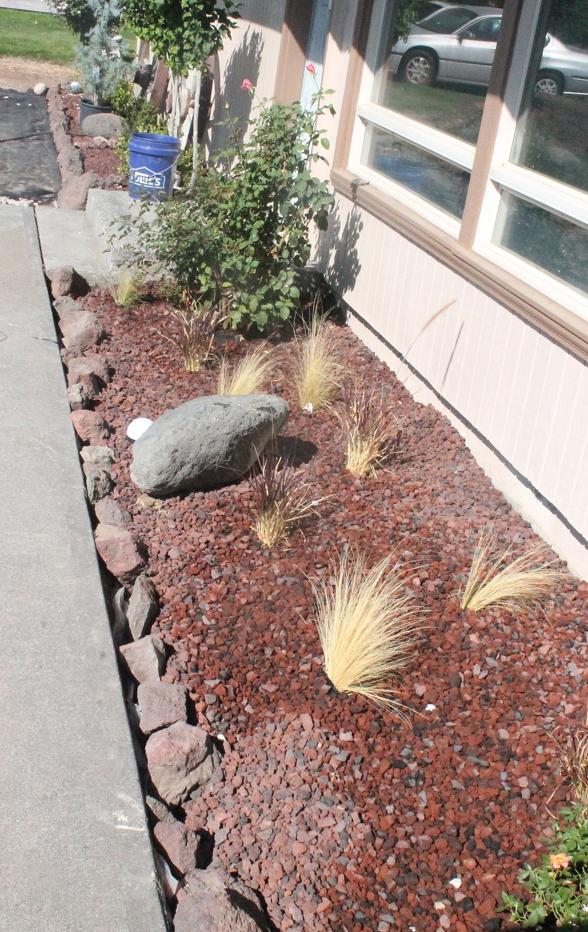 Where there might otherwise be a conventional flower bed up against the house, Teresa Fields has put in lava rock with a few drought-resistant plants. Those can be watered with a drip hose once a week, she said.