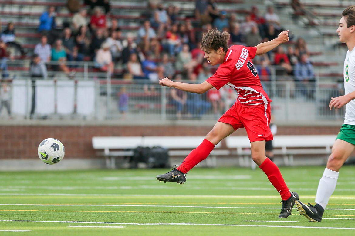 Senior Mark Rago scores a goal for Sandpoint as the Bulldogs defeated Lakeland 8-0.