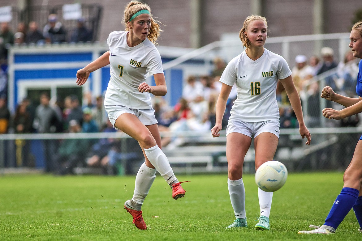 Whitefish senior Brooke Roberts goes for the goal against the Columbia Falls Wildkats on Thursday, Sept. 30 in Columbia Falls. (JP Edge/Hungry Horse News)