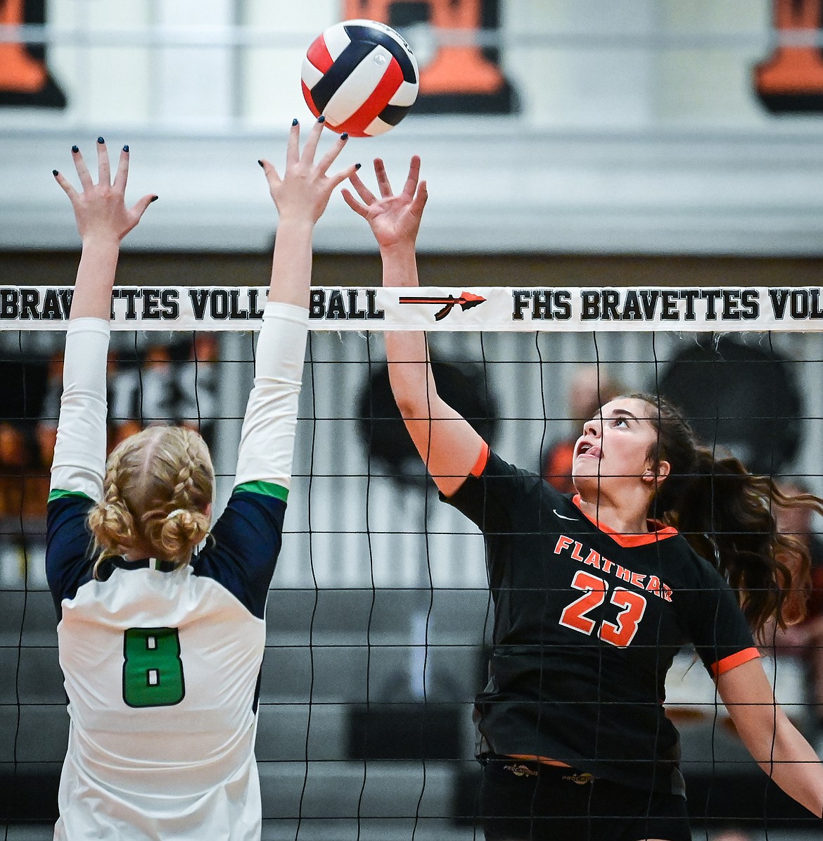 Flathead's Sienna Sterck (23) goes up for a kill against Glacier during crosstown volleyball at Flathead High School on Thursday, Sept. 29. (Casey Kreider/Daily Inter Lake)