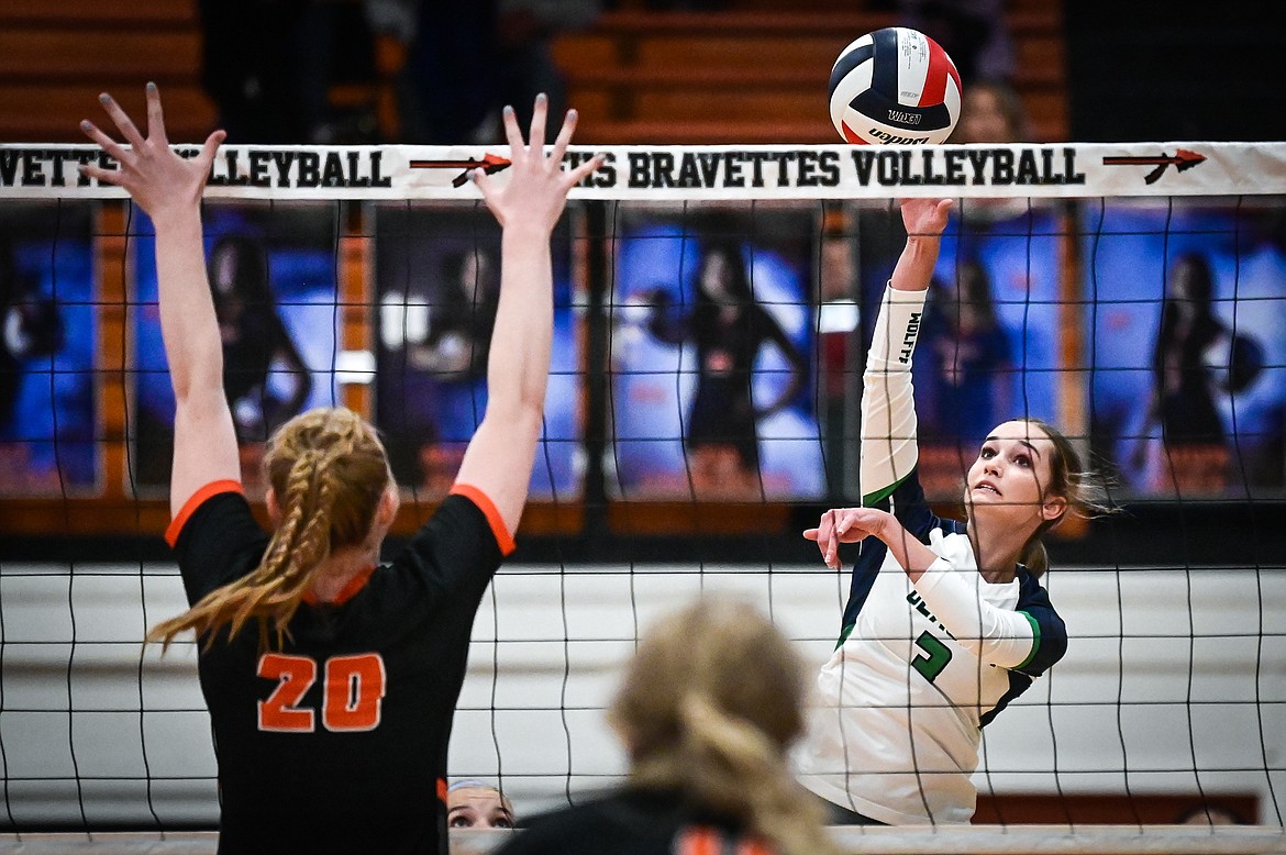 Glacier's Haven Speer (3) goes up for a kill against Flathead during crosstown volleyball at Flathead High School on Thursday, Sept. 29. (Casey Kreider/Daily Inter Lake)