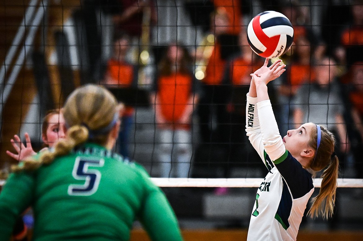 Glacier's Kaylie Field (2) sets for a teammate as they play Flathead during crosstown volleyball at Flathead High School on Thursday, Sept. 29. (Casey Kreider/Daily Inter Lake)