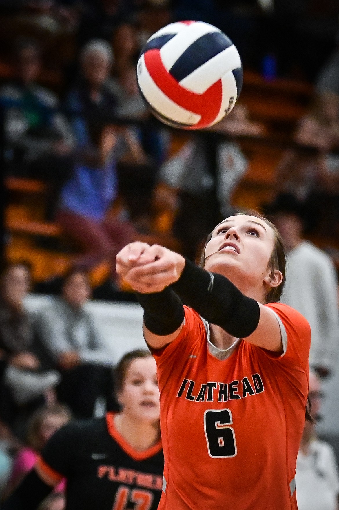 Flathead's Cyan Mooney (6) passes to a teammate as they play Glacier during crosstown volleyball at Flathead High School on Thursday, Sept. 29. (Casey Kreider/Daily Inter Lake)