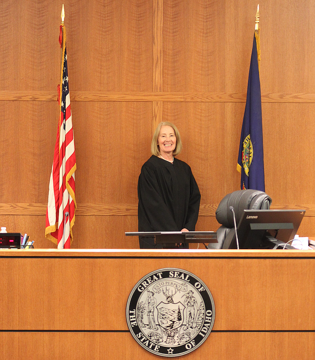 District Judge Barbara Buchanan about to begin her first hearing of the day at the Bonner County Courthouse, photo by Daniel Radford.