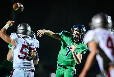 Glacier quarterback Gage Sliter (7) throws in the second quarter against Helena at Legends Stadium on Friday, Sept. 30. (Casey Kreider/Daily Inter Lake)