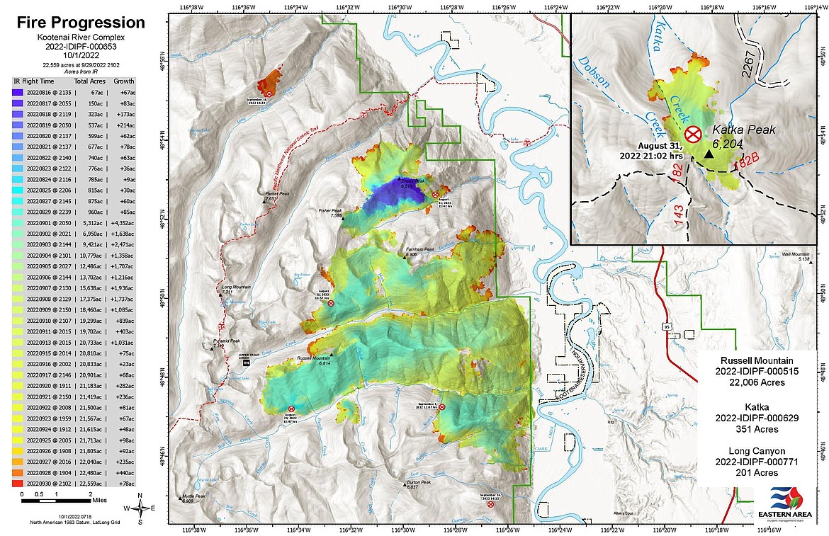 A map showing the progression of the Kootenai River Complex fires.