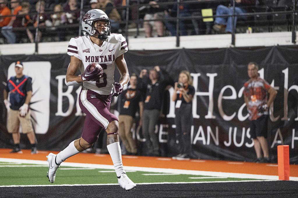 Keelan White #6 of the Montana Grizzlies scores a touchdown during a college football game against Idaho State at Holt Arena on October 1, 2022 in Pocatello, Idaho. (Tommy Martino/UM Athletics)