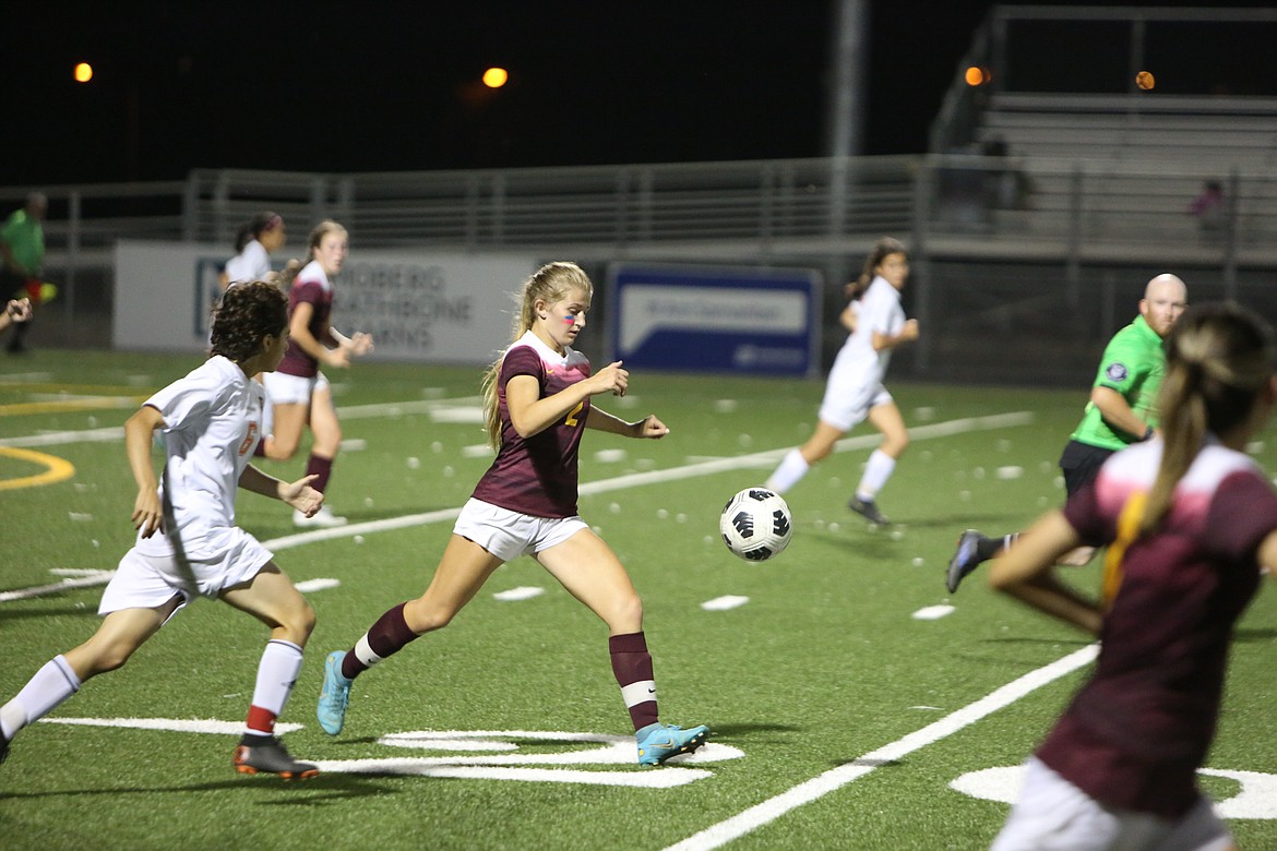 Moses Lake’s Reese Prescott pushes the ball upfield during the Mavericks’ 3-0 win over Davis last week.