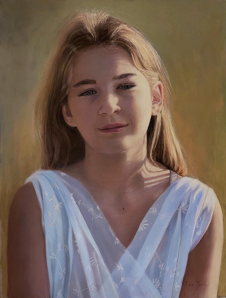 "Out of the Garden" 20" x 17" pastel portrait by Ann Justin of Bozeman