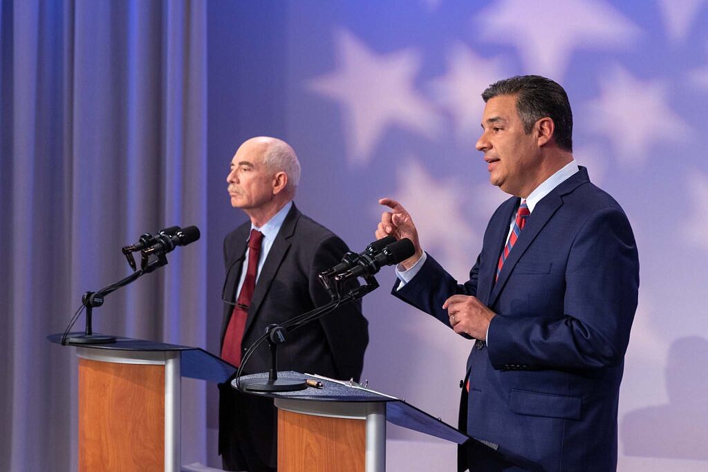 Idaho attorney general candidates Tom Arkoosh, left, and Raúl Labrador participate in the Idaho Debates on Monday, Oct. 3. (Aaron Kunz/Idaho Public Television)