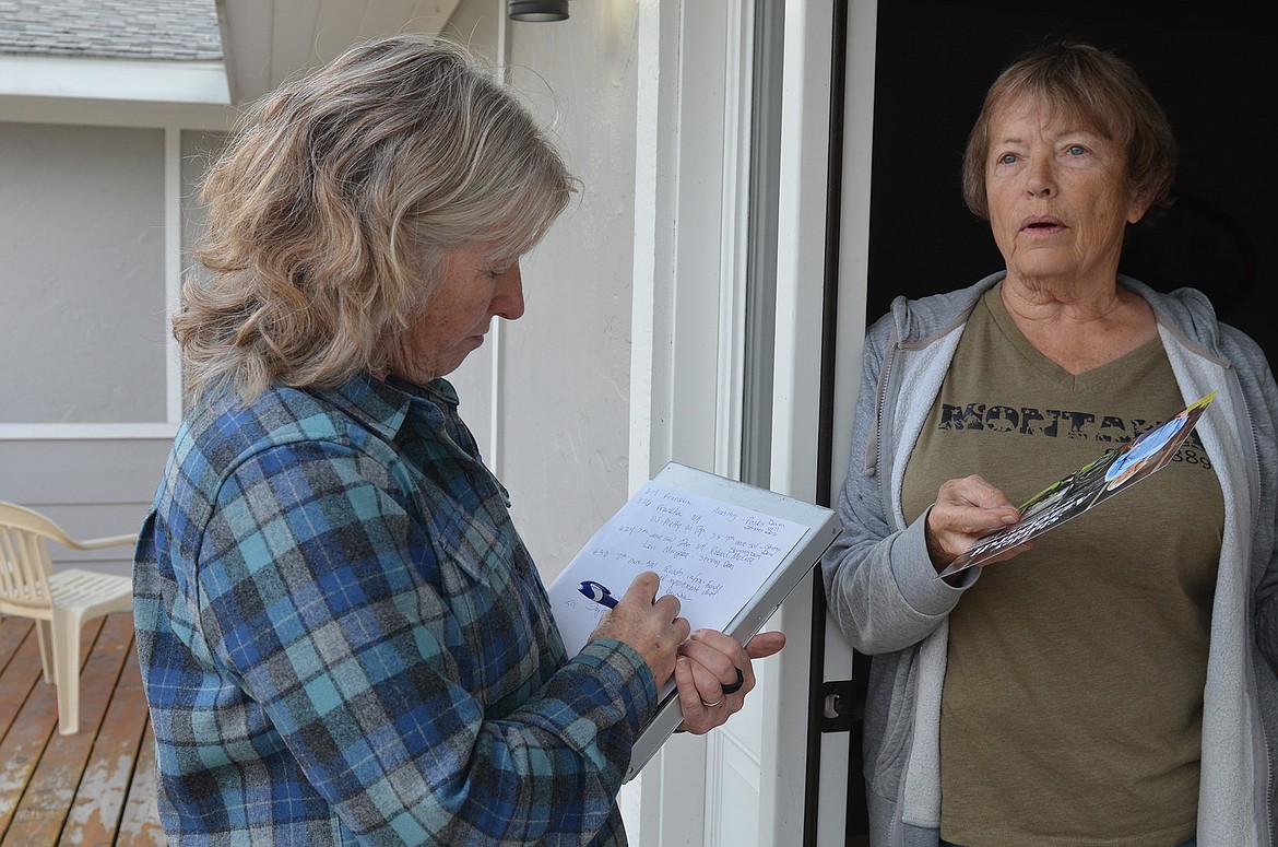 Ronan resident Donnita Snyder tells legislative candidate Shirley Azzopardi that wasteful government spending tops her list of political concerns. (Kristi Niemeyer/Lake County Leader)