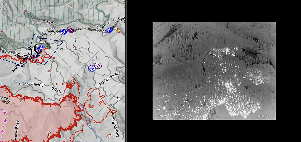 Firefighting drones carry cameras with multiple types of sensors that can see heat from fires on the landscape, at night and through smoke. In the left image a box shows the area of land that is visible in the right image. These images are then used to update maps.