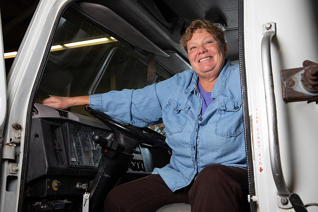 Military veteran Renee Kelly has never outgrown her love for trucks. She earned her commercial driver’s license at UM’s Missoula College heavy equipment operation and CDL program.