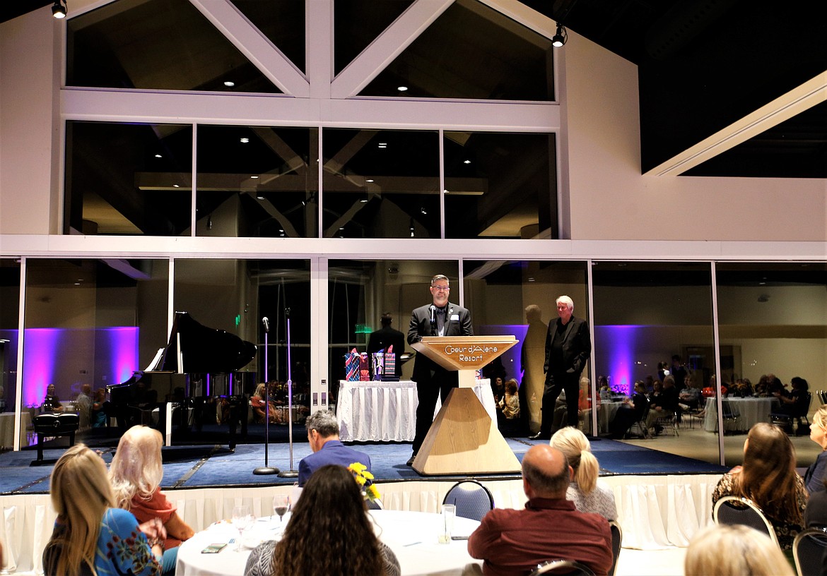 Jim Phillips speaks to the crowd after receiving the Excellence in Arts award Wednesday at the Hagadone Event Center.