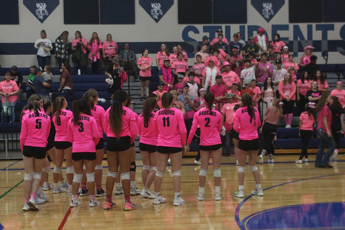 Badger volleyball celebrates with the student section after the win.