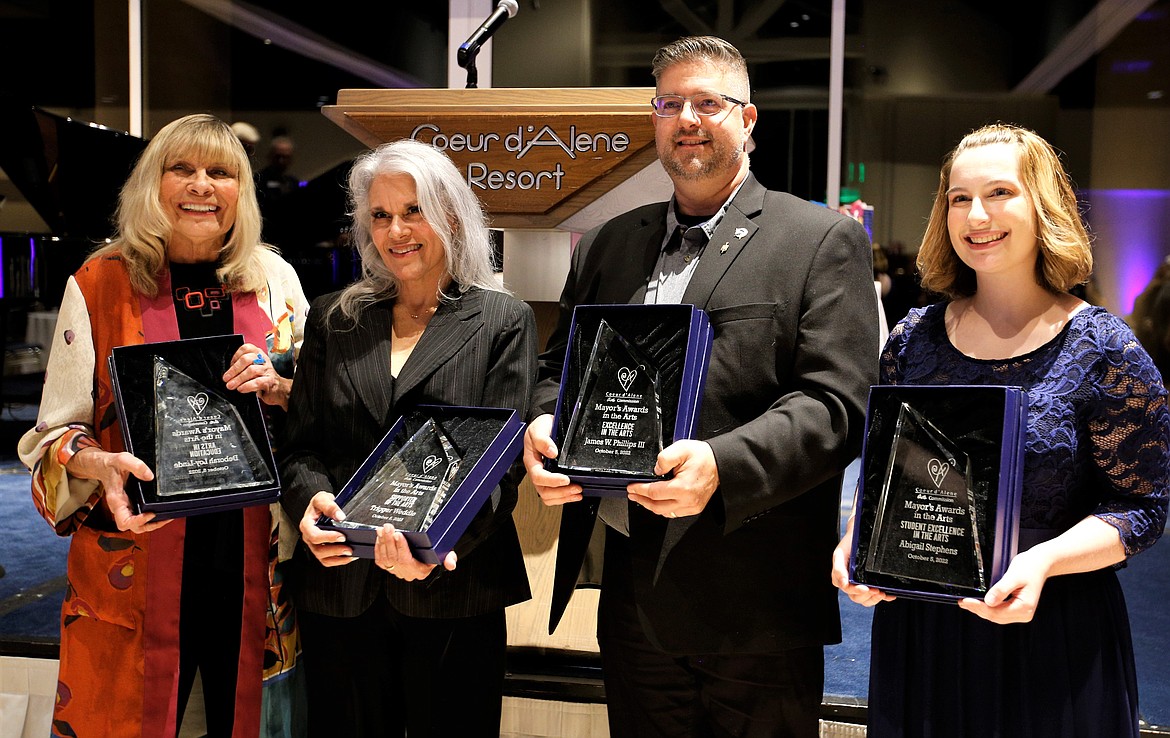 Winners at the 26th annual Mayor's Awards in the Arts presented Wednesday at the Hagadone Event Center are, from left, Deborah Loy-Linde, Trigger Weddle, Jim Phillips, and Abigail Stephens.