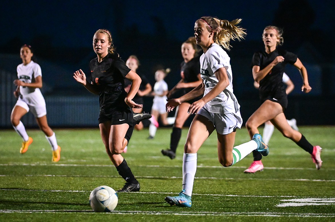 Glacier's Reagan Brisendine (22) attacks the Flathead defense in the second half at Legends Stadium on Thursday, Oct. 6. (Casey Kreider/Daily Inter Lake)