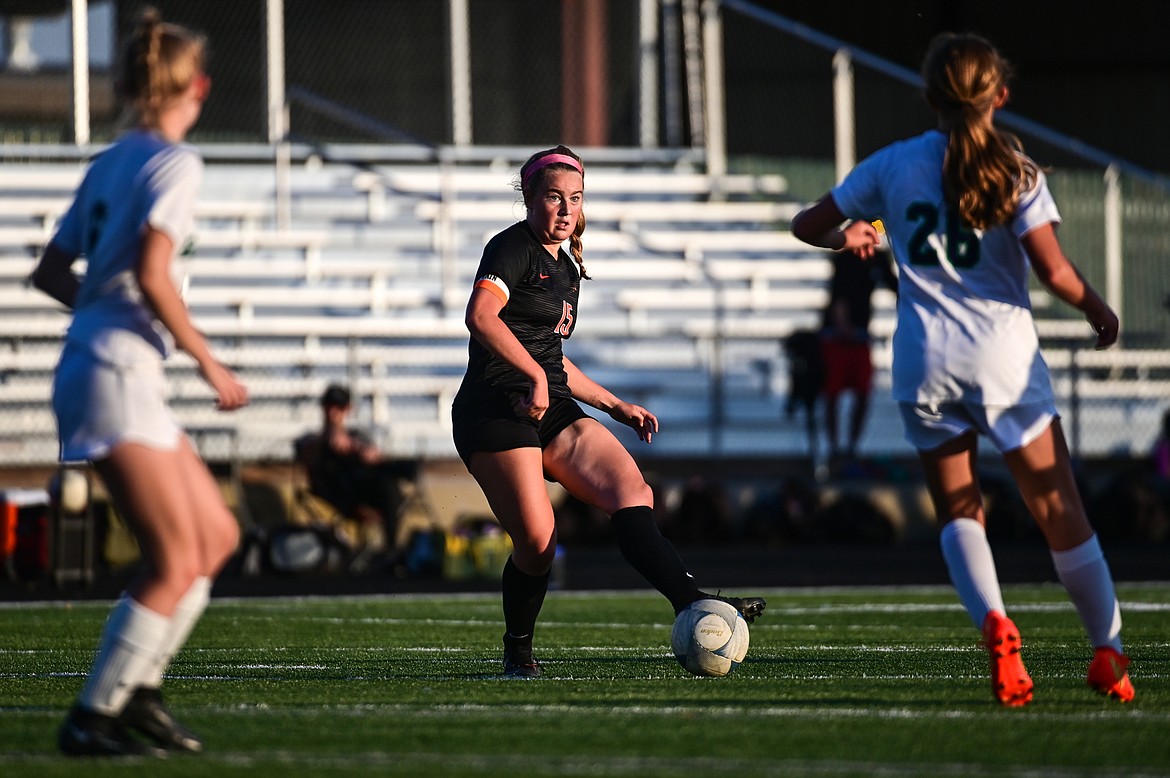 Flathead's Fiona Coulter (15) pushes the ball upfield against Glacier in the first half at Legends Stadium on Thursday, Oct. 6. (Casey Kreider/Daily Inter Lake)