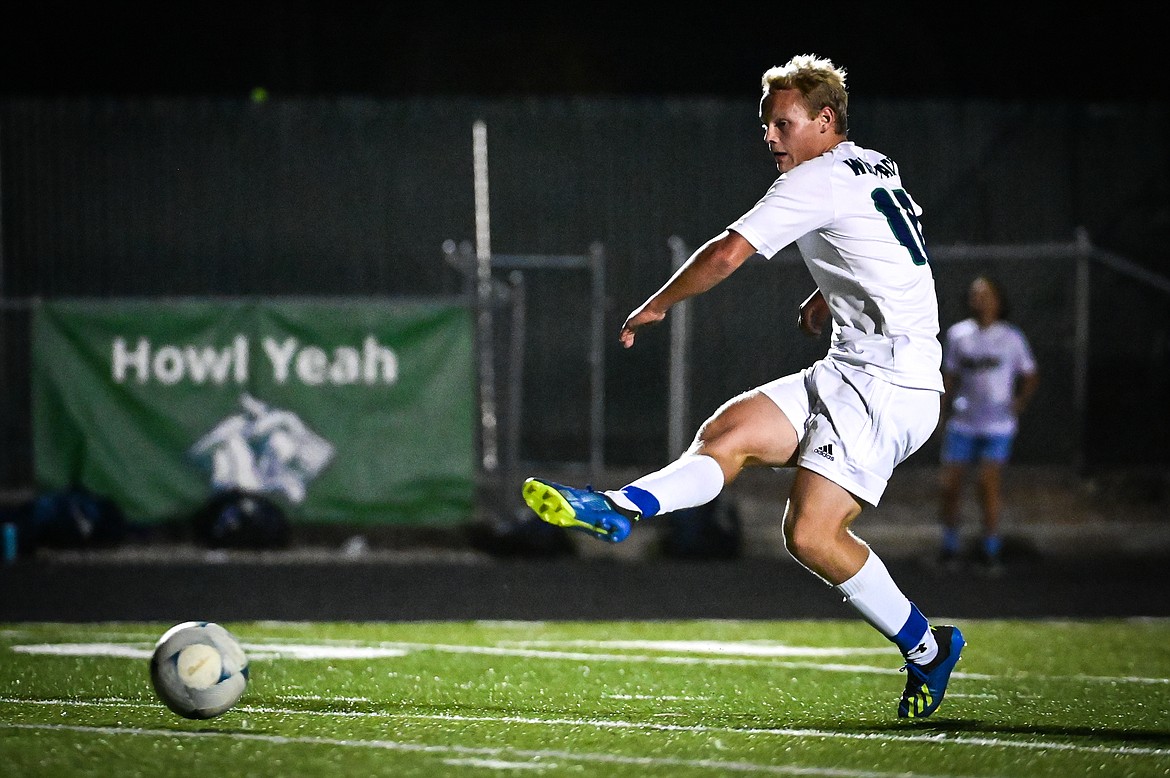 Glacier's Hunter Lisowski (10) scores a goal in the first half against Flathead at Legends Stadium on Thursday, Oct. 6. (Casey Kreider/Daily Inter Lake)