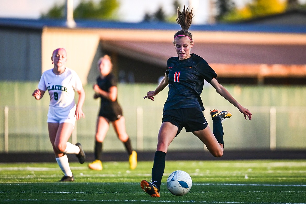 Flathead's Mia Stephan (11) readies a shot on goal in the first half against Glacier at Legends Stadium on Thursday, Oct. 6. (Casey Kreider/Daily Inter Lake)