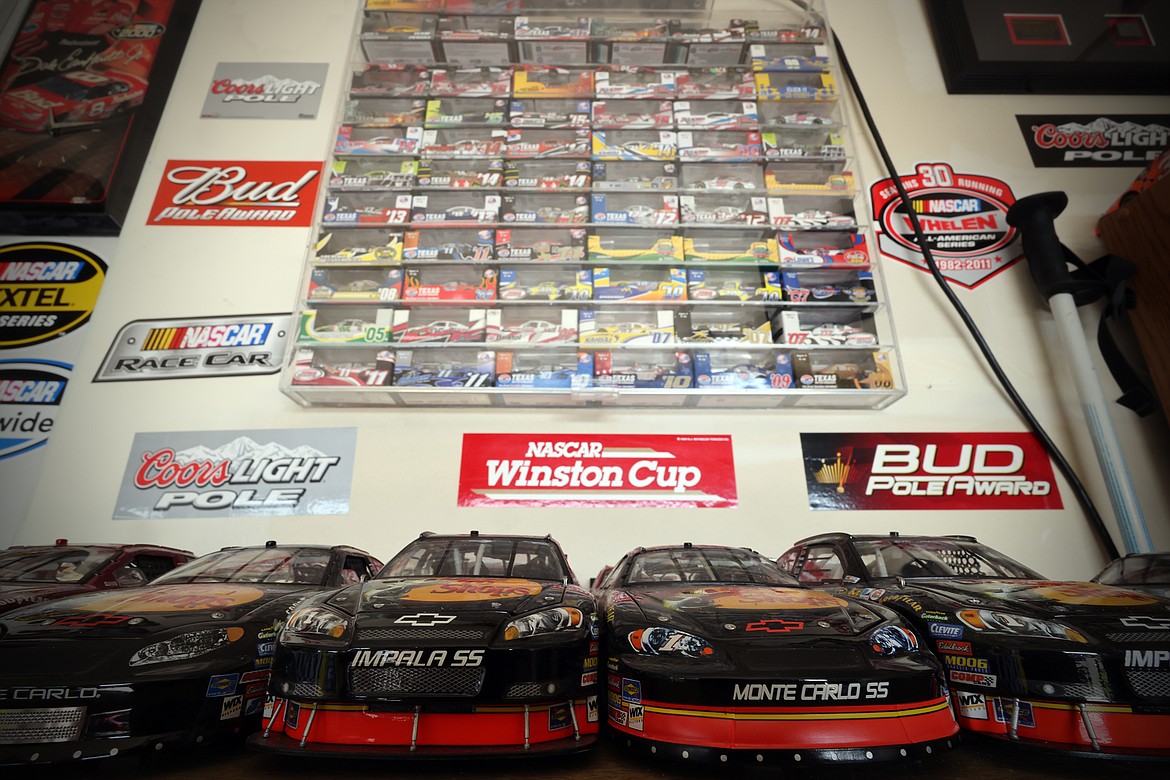 Miniature NASCAR race cars proudly displayed in the garage of Kalispell's Kevin Bach. (Jeremy Weber/Daily Inter Lake)