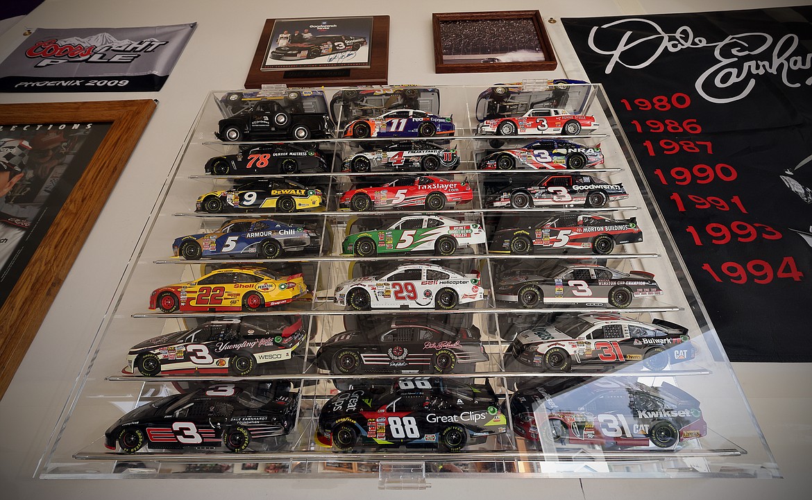 Miniature NASCAR race cars proudly displayed in the garage of Kalispell's Kevin Bach. (Jeremy Weber/Daily Inter Lake)