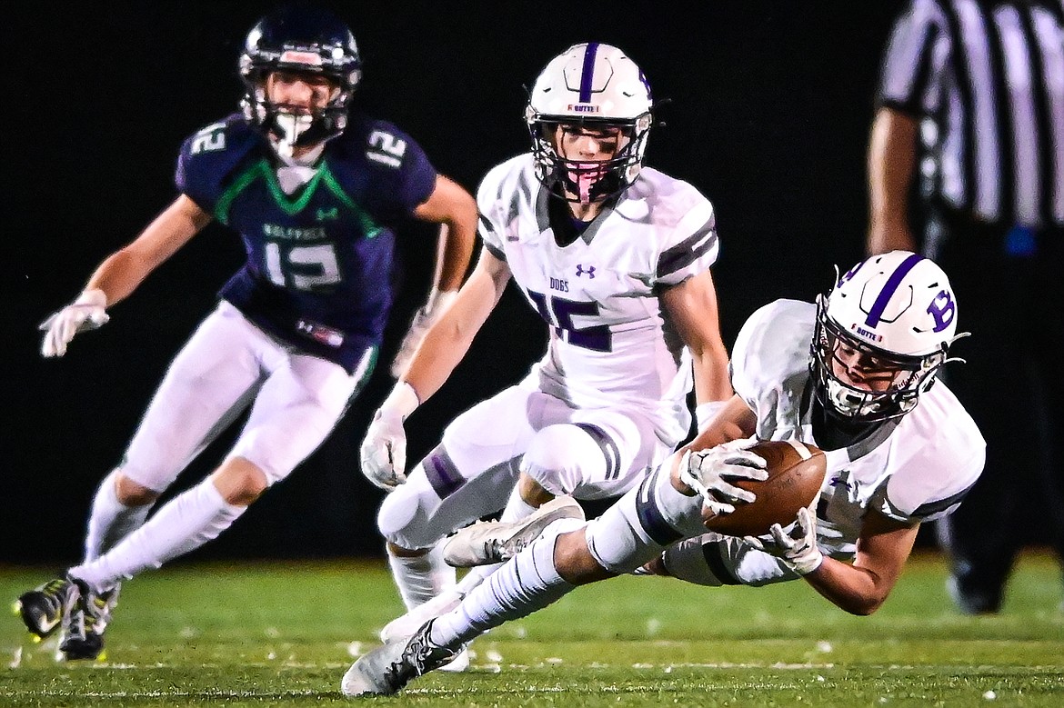 Butte defensive back Ethan Cunningham (7) intercepts a pass in the second quarter against Glacier at Legends Stadium on Friday, Oct. 7. (Casey Kreider/Daily Inter Lake)