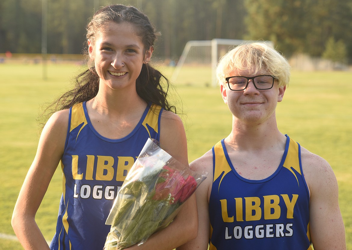 Libby cross country seniors Aurora Smith and Cael Schwindt were also honored at the Loggers home soccer game on Thursday, Oct. 6. (Scott Shindledecker/The Western News)