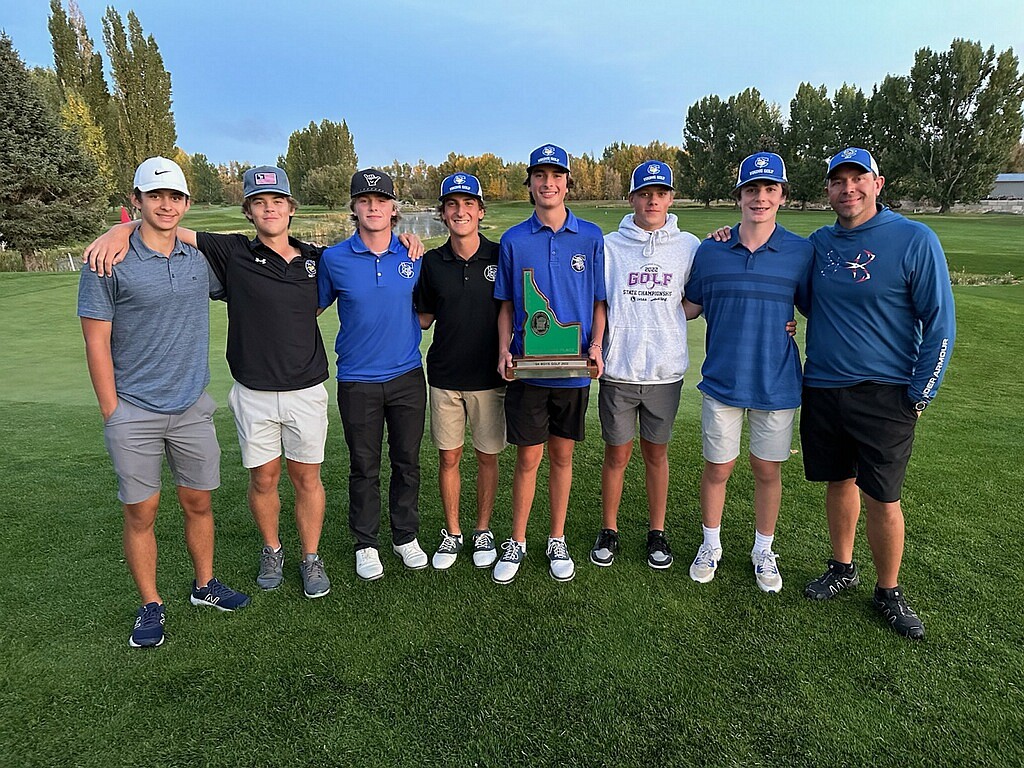 Courtesy photo
The Coeur d'Alene High boys golf team finished third in the state 5A tournament at Teton Lakes Golf Course in Rexburg. From left are Landon Stringham, Grant Potter, Trey Nipp, Jamison Dale, Luke West, Gavin Duvall, Ben Crabb and Coeur d'Alene boys coach Chase Bennett.