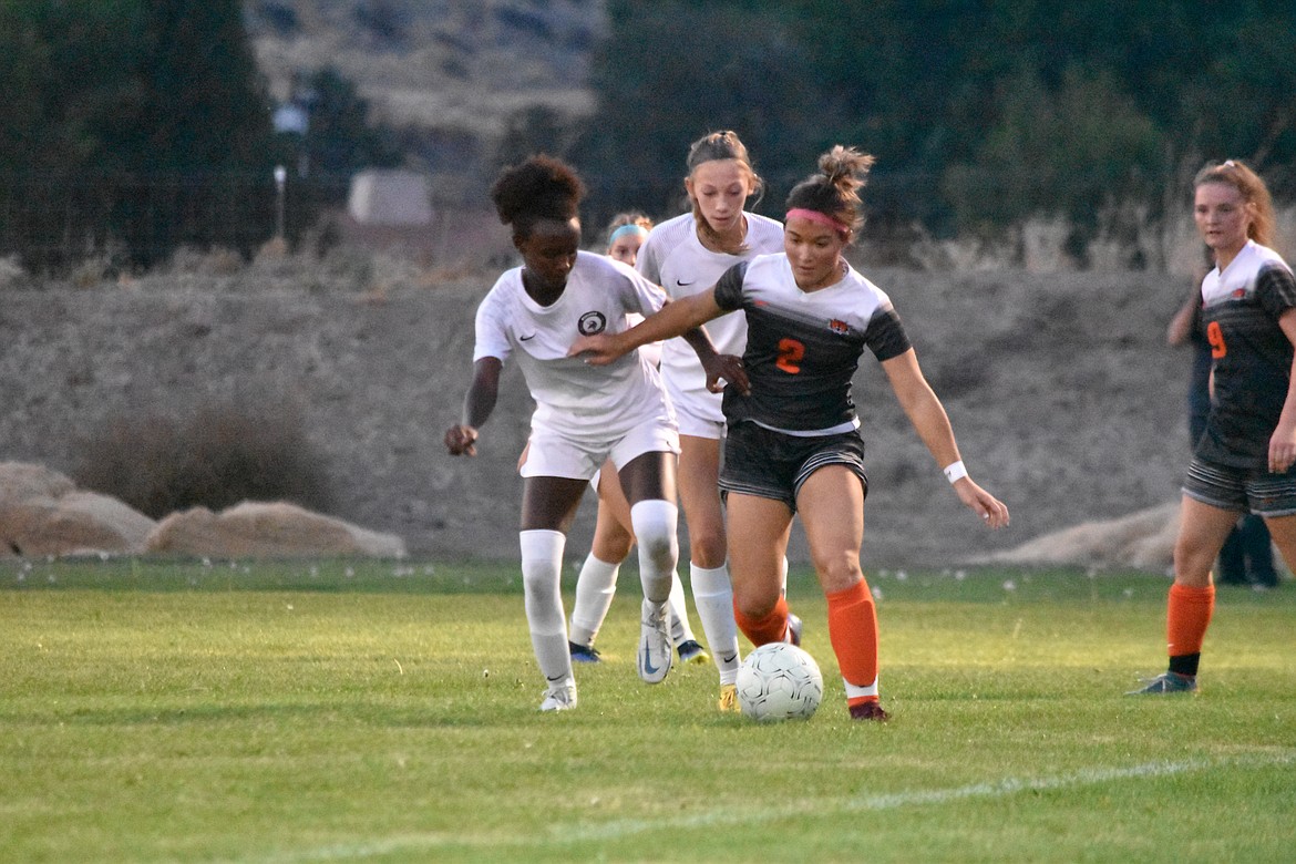 Ephrata junior Kaydence Hector (2) fights to keep the ball from Selah. The Tigers lost by one in a penalty shootout.