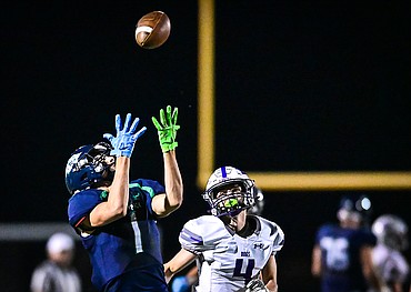 Glacier wide receiver Cohen Kastelitz (1) catches a 55-yard touchdown reception in the third quarter against Butte at Legends Stadium on Friday, Oct. 7. (Casey Kreider/Daily Inter Lake)