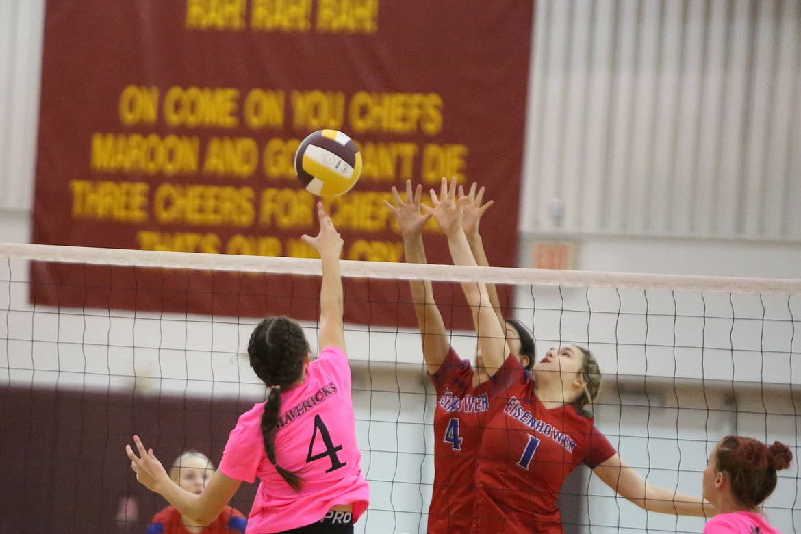 Moses Lake junior Paytan Andrews tips the ball to the left to avoid block attempts by the Cadets in the fourth set of Thursday’s win.